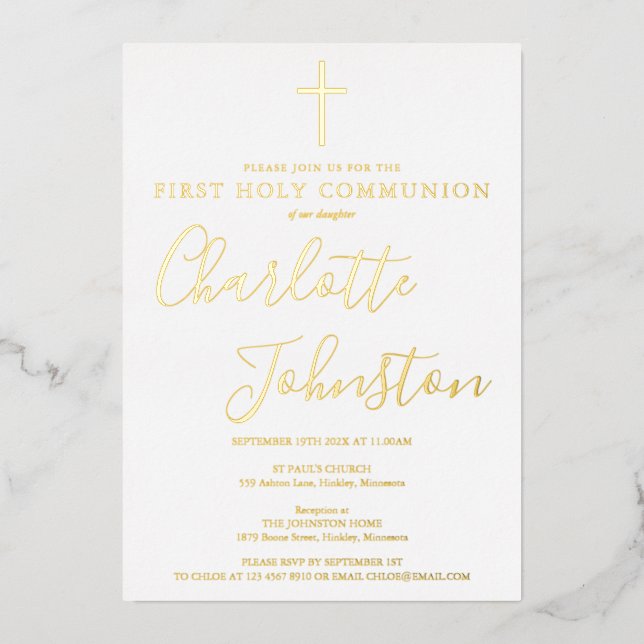 Signature Script First Holy Communion Gold Foil Invitation (Front)