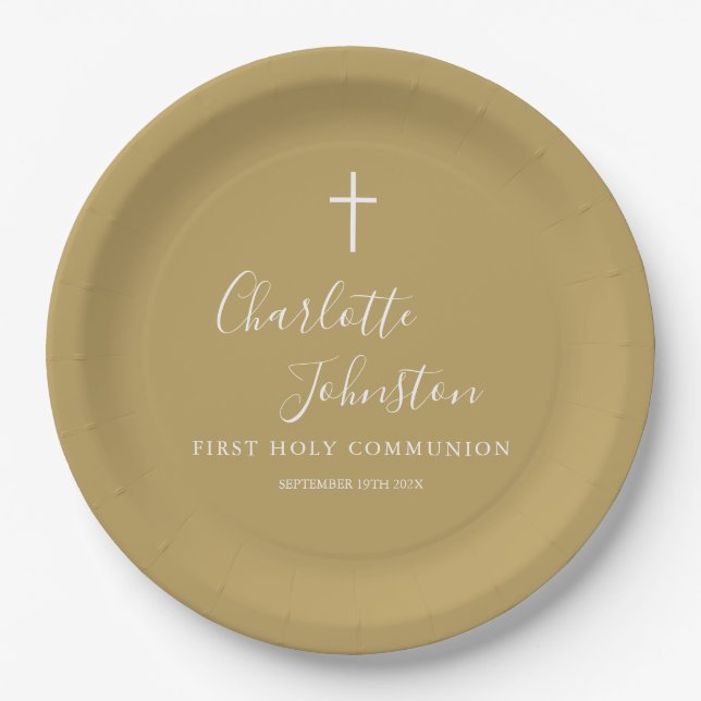 Signature Script First Holy Communion Gold Paper Plates (Front)