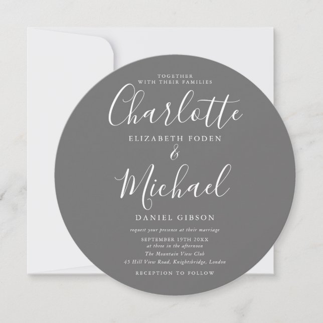 Signature Script Gray Circular Photo Wedding Invitation (Front)