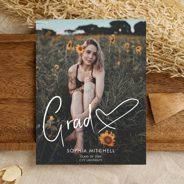 Signature Script Heart Photo Graduation Party Announcement Postcard (Creator Uploaded)
