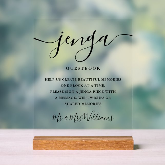Signature Script Jenga Wedding Guestbook Acrylic Sign (Neutral)