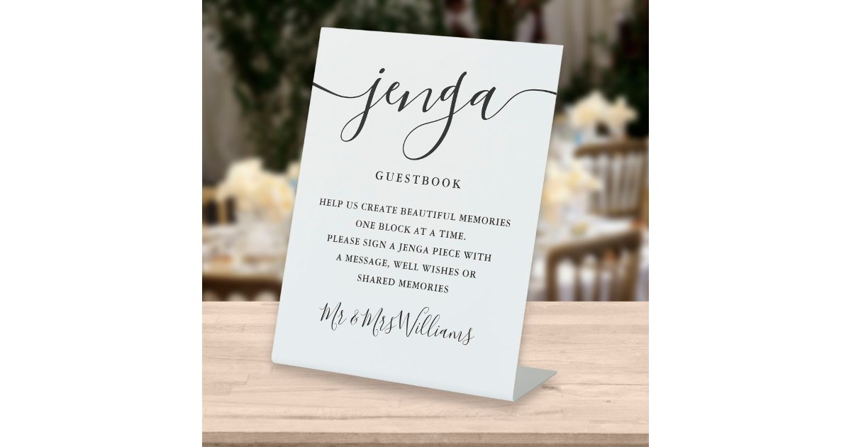 Signature Script Jenga Wedding Guestbook Pedestal Sign | Zazzle