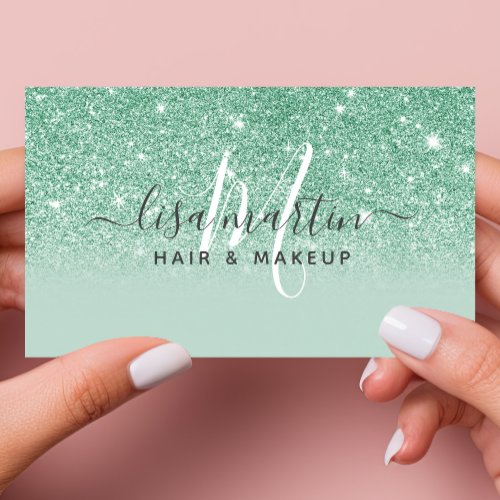 Signature Script Mint Green Glitter Modern Girly Business Card