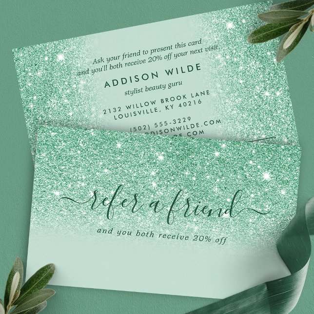 Signature Script Mint Green Glitter Modern Girly Referral Card (Creator Uploaded)