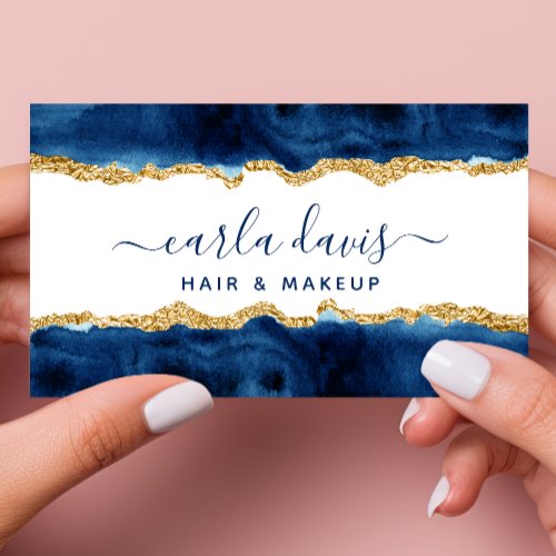 Signature Script Navy Blue And Gold Watercolor Business Card