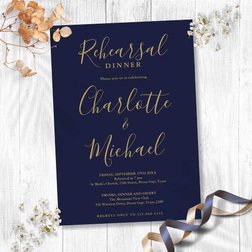 Signature Script Navy Blue Gold Rehearsal Dinner Invitation