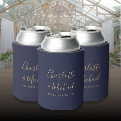 Signature Script Navy Blue Gold Wedding Can Cooler