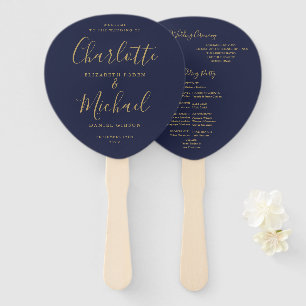 Signature Script Navy Blue Gold Wedding Program Hand Fan