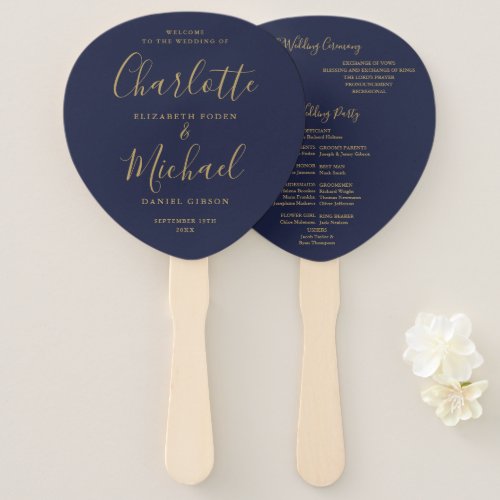 Signature Script Navy Blue Gold Wedding Program Hand Fan