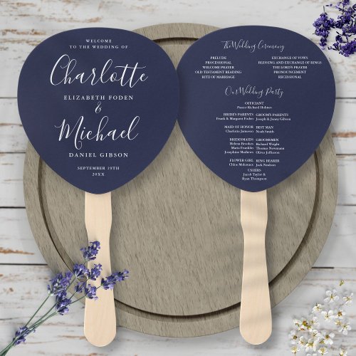 Signature Script Navy Blue Wedding Program Hand Fan