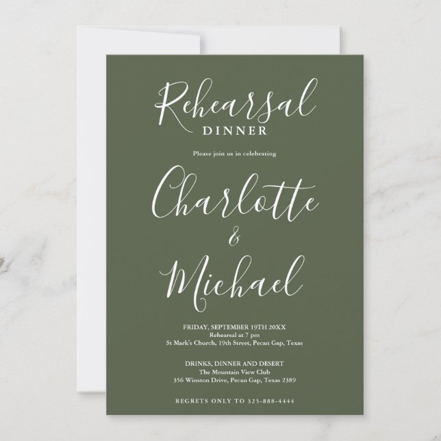 Signature Script Olive Green Rehearsal Dinner Invitation (Front)