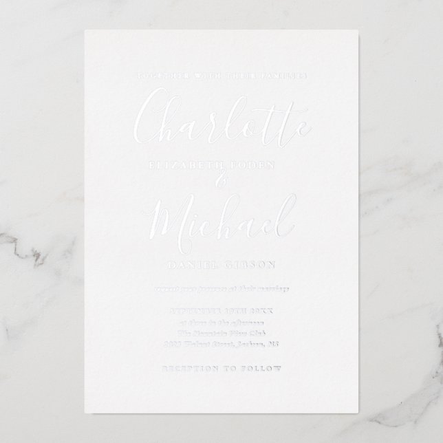 Signature Script Photo Wedding Silver Foil Invitation (Front)