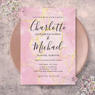 Signature Script Pink Gold Agate Marble Wedding Invitation
