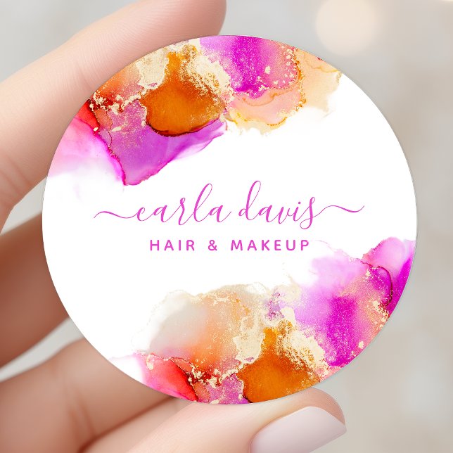 Signature Script Pink Orange Alcohol Ink Classic Round Sticker (Creator Uploaded)