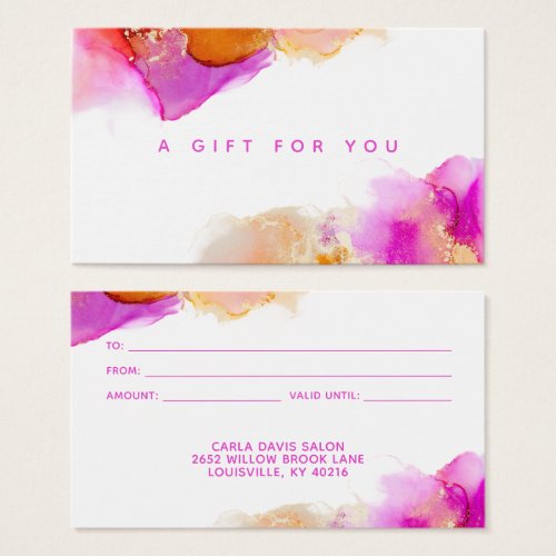 Custom Gift Certificates 11 Signature Script Pink Orange Alcohol Ink Gift Card