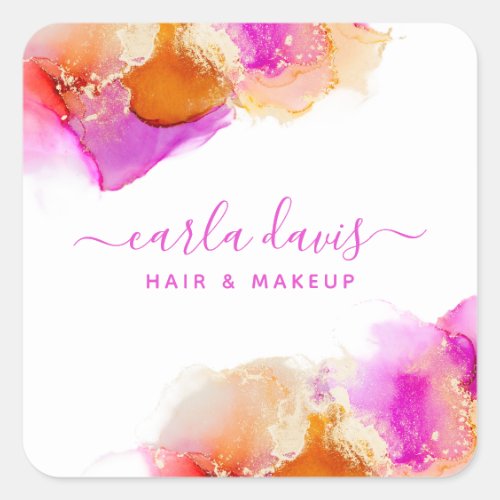 Custom Stickers 14 Signature Script Pink Orange Alcohol Ink Square Sticker