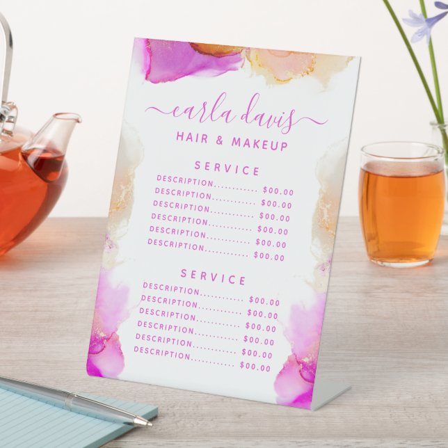Signature Script Pink Orange Ink Service Price Pedestal Sign (In SItu)