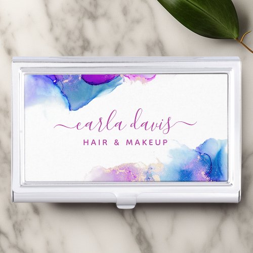 Signature Script Purple Blue Alcohol Ink Business Card Case