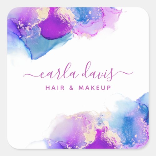 Custom Stickers 14 Signature Script Purple Blue Alcohol Ink Square Sticker