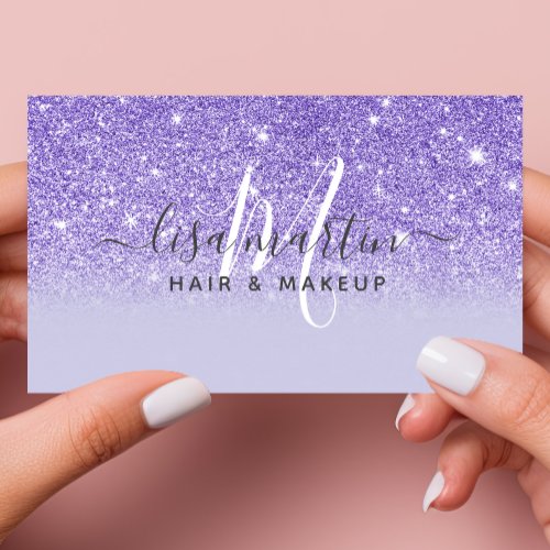 Signature Script Purple Glitter Modern Girly Business Card