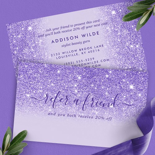 Signature Script Purple Glitter Modern Girly Referral Card