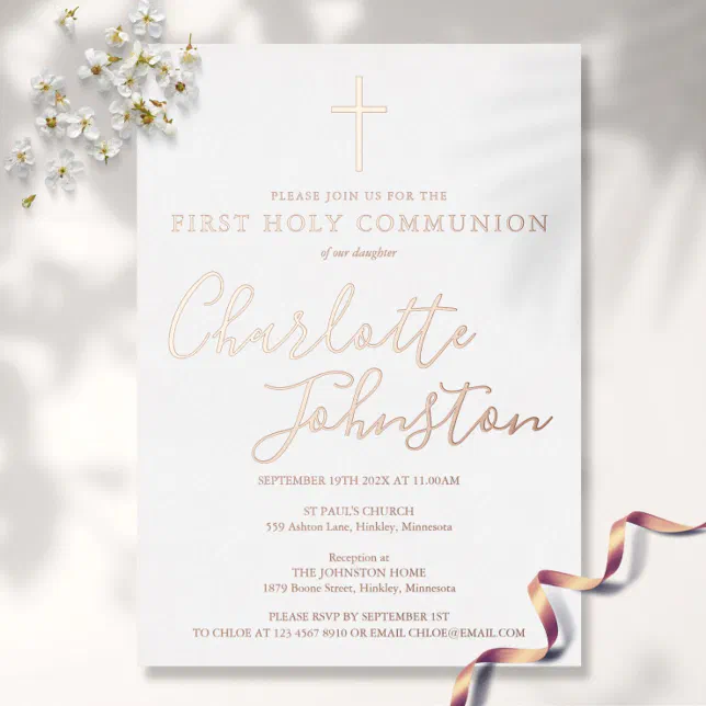 Signature Script Rose Gold First Holy Communion Foil Invitation | Zazzle