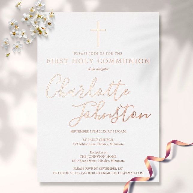 Signature Script Rose Gold First Holy Communion  Foil Invitation (Creator Uploaded)