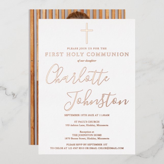 Signature Script Rose Gold Photo Holy Communion  Foil Invitation (Front/Back)