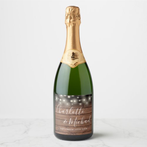 Signature Script Rustic Wood String Lights Wedding Sparkling Wine Label