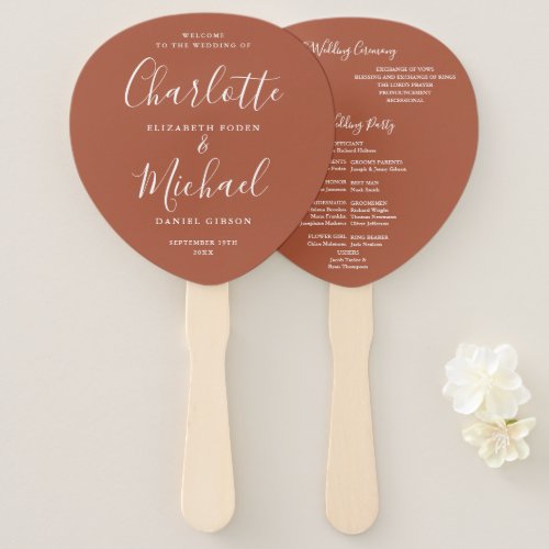 Signature Script Terracotta Wedding Program Hand Fan