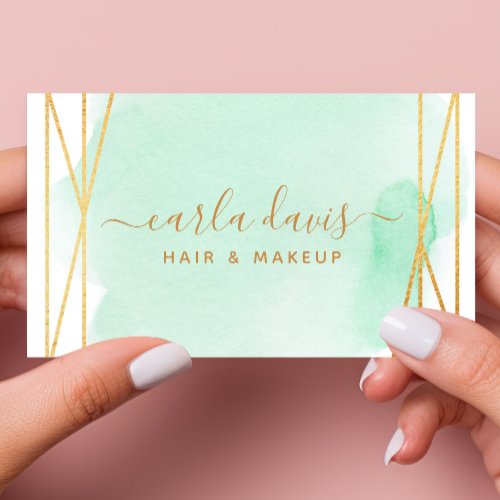 Custom Business Cards 4 Signature Script Watercolor Aqua Gold Geometric Business Card