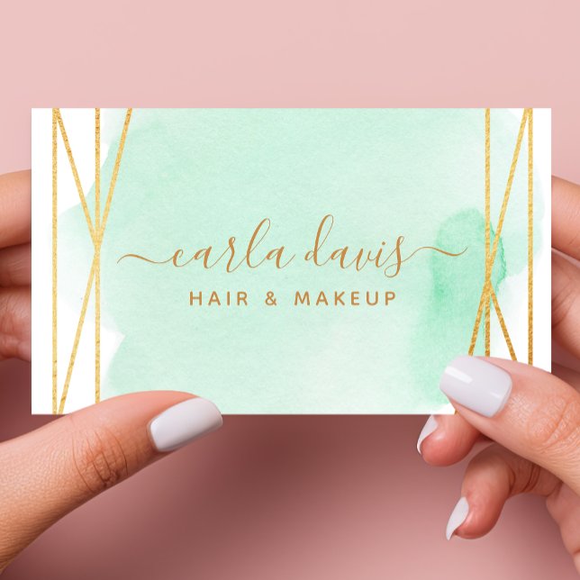 Signature Script Watercolor Aqua Gold Geometric Business Card (Creator Uploaded)