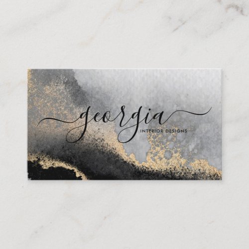Signature Script Watercolor Black Gold Grey Marble Business Card