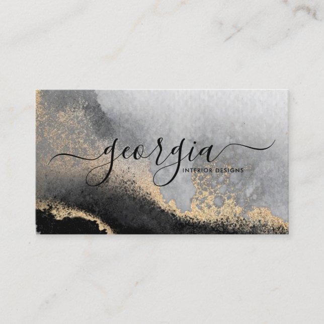 Signature Script Watercolor Black Gold Grey Marble Business Card (Front)