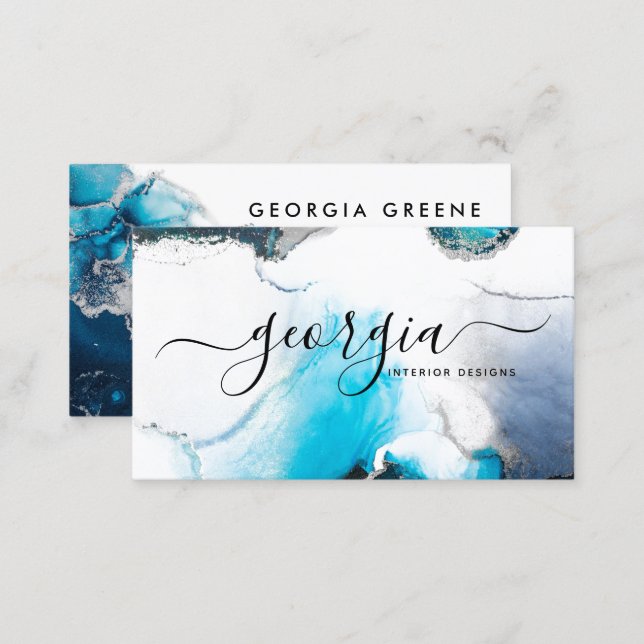 Signature Script Watercolor Blue Silver Marble Business Card (Front/Back)