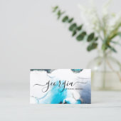 Signature Script Watercolor Blue Silver Marble Business Card (Standing Front)