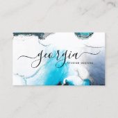 Signature Script Watercolor Blue Silver Marble Business Card (Front)
