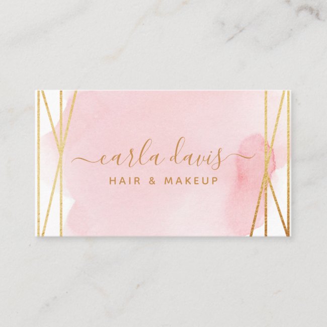 Signature Script Watercolor Pink Gold Geometric Business Card