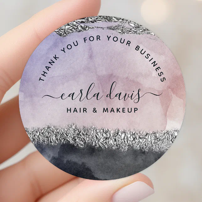 Signature Script Watercolor Purple Black Silver Classic Round Sticker ...