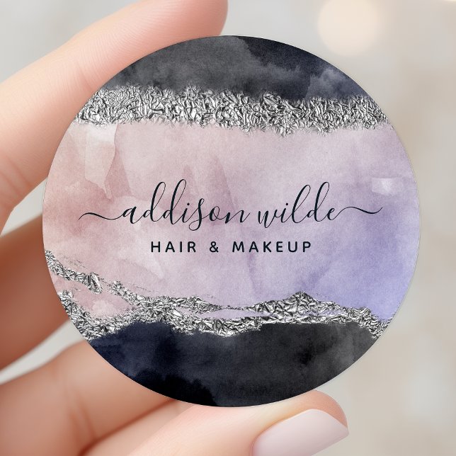 Signature Script Watercolor Purple Black Silver Classic Round Sticker (Creator Uploaded)