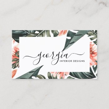 Signature Script Watercolor Tropical Greenery Business Card by IYHTVDesigns at Zazzle