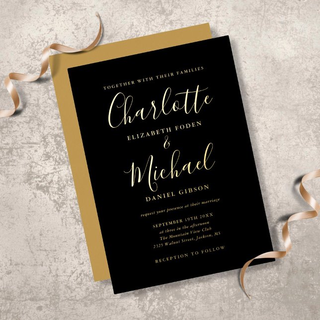 Signature Script Wedding Black And Gold Foil Invitation (Creator Uploaded)