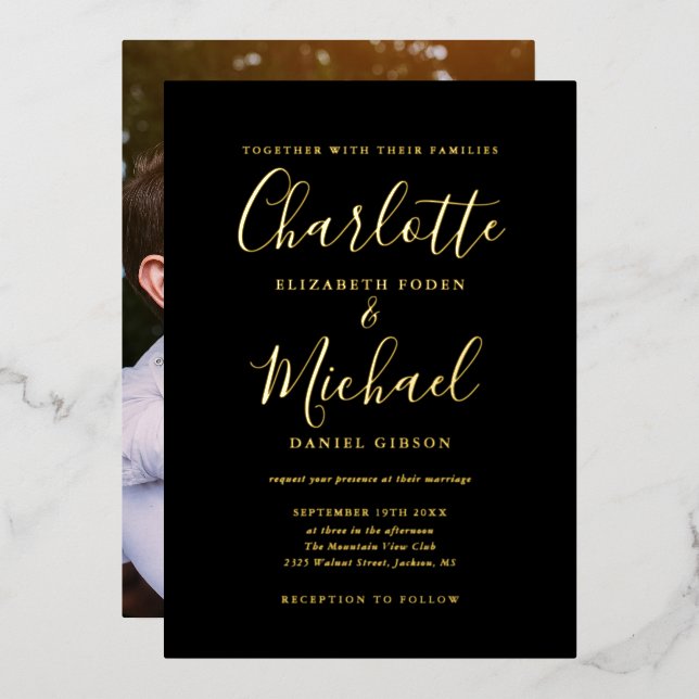 Signature Script Wedding Black And Gold Photo Foil Invitation (Front/Back)