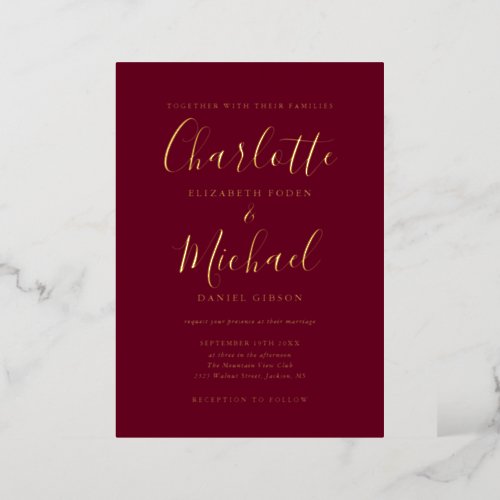 Signature Script Wedding Burgundy And Gold Foil Invitation