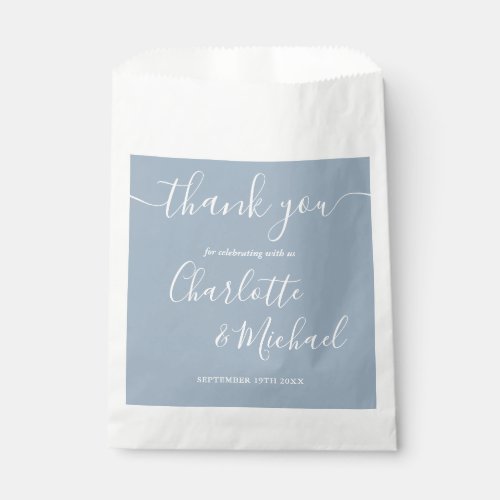 Signature Script Wedding Dusty Blue Thank You Favor Bag - An elegant wedding celebration thank you favor bag. Personalized with your special thank you message set in stylish typography on a dusty blue background. You can customize the background to your favourite wedding theme color. A special keepsake thank you for your guests. Designed by Thisisnotme©