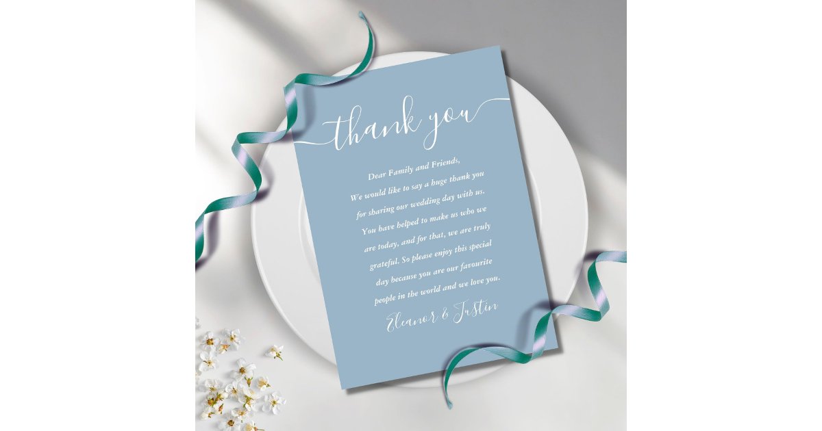 Signature Script Wedding Dusty Blue Thank You Place Card | Zazzle