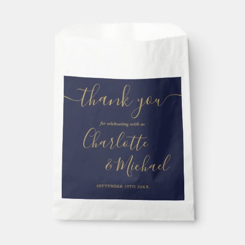 Signature Script Wedding Navy Blue Gold Thank You Favor Bag