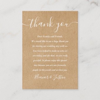 Signature Script Wedding Rustic Thank You Place Card | Zazzle