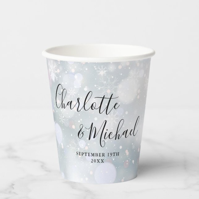 Signature Script Winter Snowflakes Wedding Paper Cups (Front)