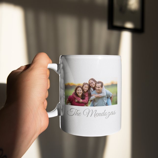 Signature Snapshot Strip Coffee Mug (Coffee mug with horizontal photo strip and soft gray script text on a clean white backdrop.)